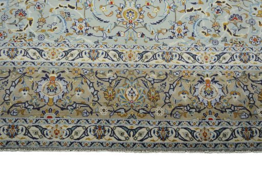 Full view of 2000s Kashan rug from Iran / Persia, 398 × 266 cm in Green tones