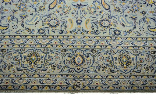 Full view of 2000s Kashan rug from Iran / Persia, 410 × 295 cm in Green tones