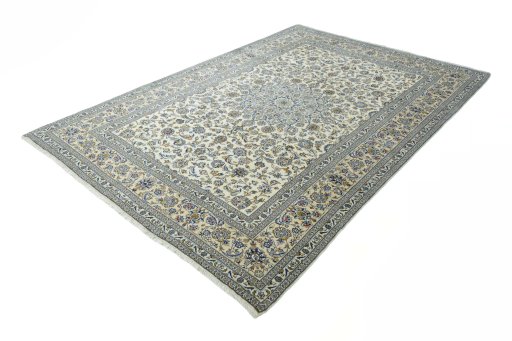 Corner detail of New Kashan rug showing border pattern and Wool pile