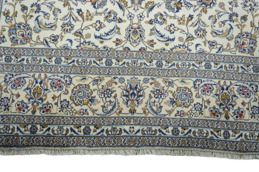 Full view of New Kashan rug from Iran / Persia, 357 × 242 cm in Beige tones