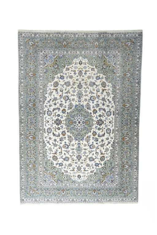 Full view of 2000s Kashan rug from Iran / Persia, 343 × 243 cm in Beige tones
