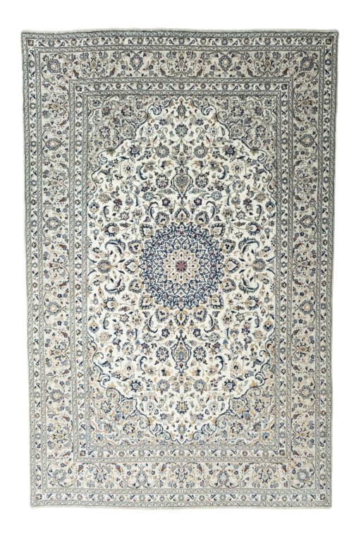 Full view of New Kashan rug from Iran / Persia, 370 × 239 cm in Beige tones