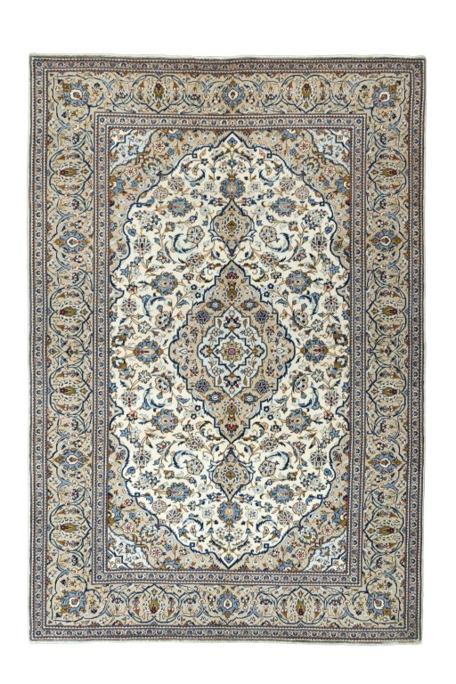Full view of New Kashan rug from Iran / Persia, 291 × 200 cm in Beige tones