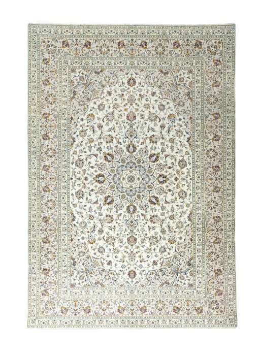 Full view of New Kashan rug from Iran / Persia, 345 × 237 cm in Beige tones