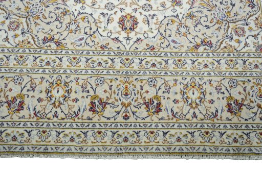 Full view of New Kashan rug from Iran / Persia, 345 × 237 cm in Beige tones