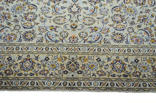 Full view of 2000s Kashan rug from Iran / Persia, 385 × 295 cm in Beige tones