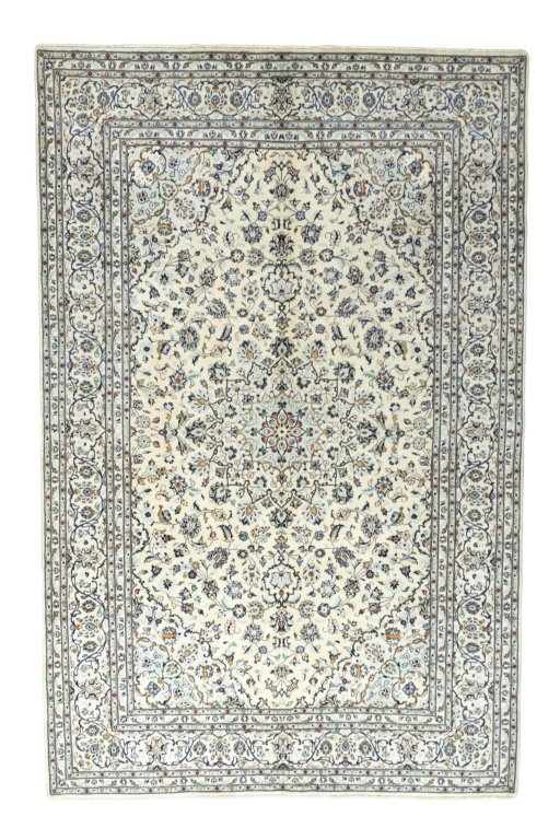 Full view of New Kashan rug from Iran / Persia, 315 × 205 cm in Beige tones