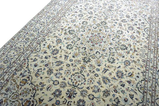Backside of handmade New Kashan rug showing knot structure and weave density