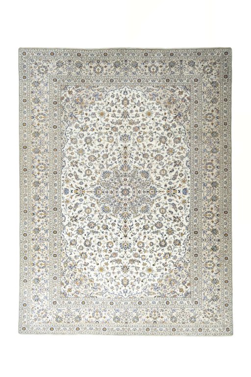Full view of New Kashan rug from Iran / Persia, 395 × 293 cm in Beige tones