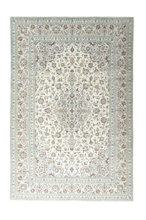 Full view of New Kashan rug from Iran / Persia, 354 × 240 cm in Beige tones