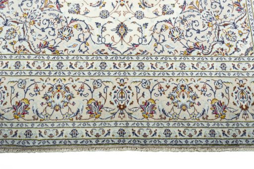 Full view of New Kashan rug from Iran / Persia, 354 × 240 cm in Beige tones