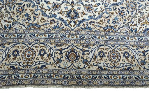 Full view of 2000s Kashan rug from Iran / Persia, 407 × 294 cm in Beige tones