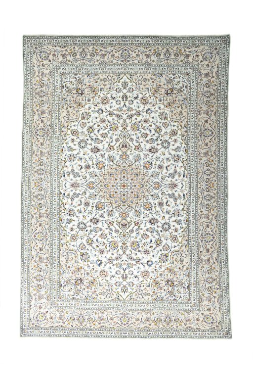 Full view of 2000s Kashan rug from Iran / Persia, 350 × 242 cm in Beige tones