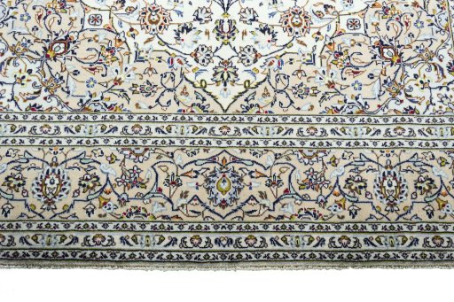 Full view of 2000s Kashan rug from Iran / Persia, 350 × 242 cm in Beige tones