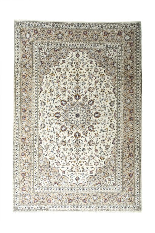 Full view of 2000s Kashan rug from Iran / Persia, 357 × 245 cm in Beige tones