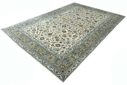 Corner detail of 2000s Kashan rug showing border pattern and Wool pile