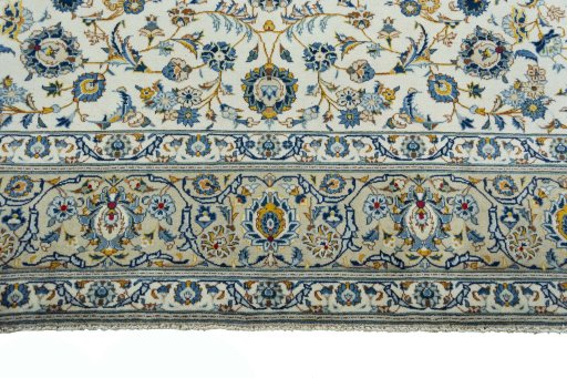 Full view of 2000s Kashan rug from Iran / Persia, 391 × 261 cm in Beige tones