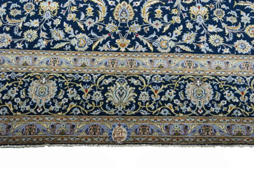 Full view of 2000s Kashan rug from Iran / Persia, 416 × 309 cm in Blue tones