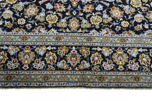 Full view of 2000s Kashan rug from Iran / Persia, 397 × 298 cm in Blue tones