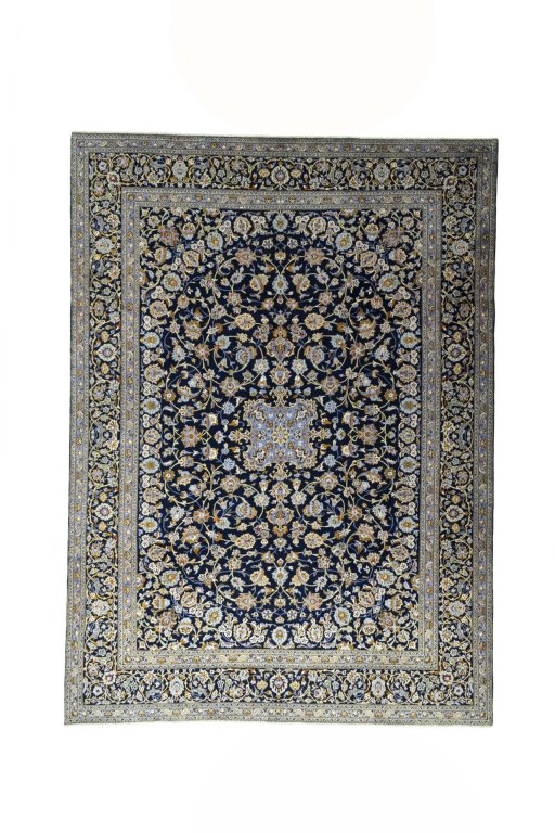 Full view of 2000s Kashan rug from Iran / Persia, 410 × 298 cm in Blue tones