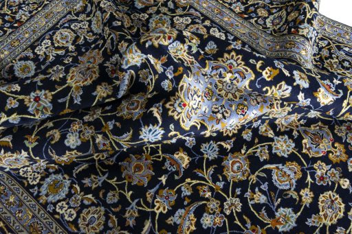 Full view of 2000s Kashan rug from Iran / Persia, 410 × 298 cm in Blue tones