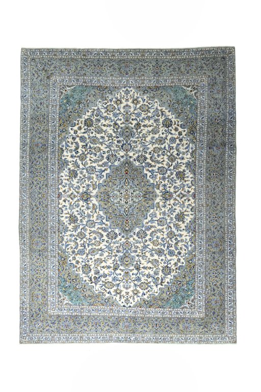 Full view of 2000s Kashan rug from Iran / Persia, 395 × 293 cm in Beige tones