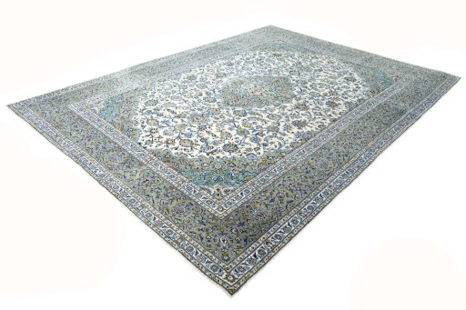 Corner detail of 2000s Kashan rug showing border pattern and Wool pile