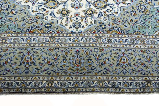 Full view of 2000s Kashan rug from Iran / Persia, 395 × 293 cm in Beige tones
