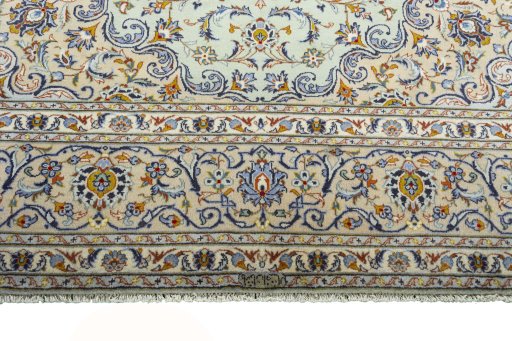 Full view of 2000s Kashan rug from Iran / Persia, 395 × 296 cm in Green tones