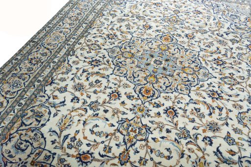 Backside of handmade New Kashan rug showing knot structure and weave density
