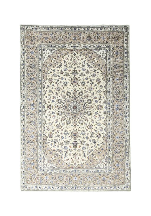 Full view of New Kashan rug from Iran / Persia, 300 × 200 cm in Beige tones