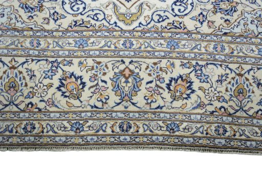 Full view of 2000s Kashan rug from Iran / Persia, 355 × 241 cm in Beige tones