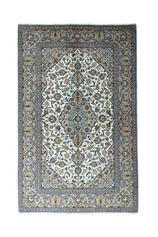 Full view of 2000s Kashan rug from Iran / Persia, 300 × 191 cm in Beige tones