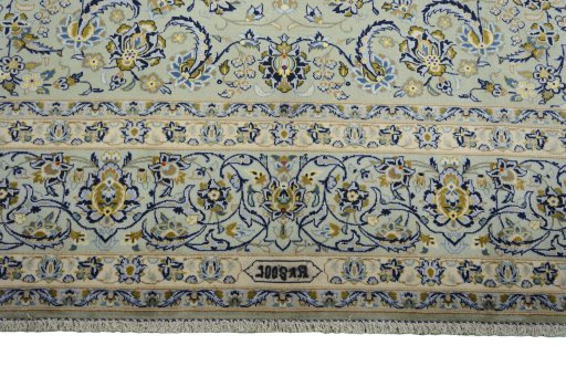 Full view of 2000s Kashan rug from Iran / Persia, 405 × 296 cm in Green tones