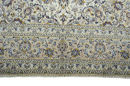 Full view of 2000s Kashan rug from Iran / Persia, 402 × 296 cm in Beige tones