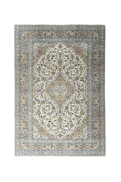 Full view of 2000s Kashan rug from Iran / Persia, 361 × 251 cm in Beige tones