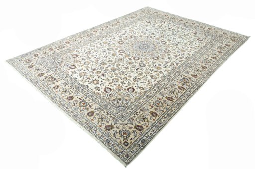 Corner detail of 2000s Kashan rug showing border pattern and Wool pile