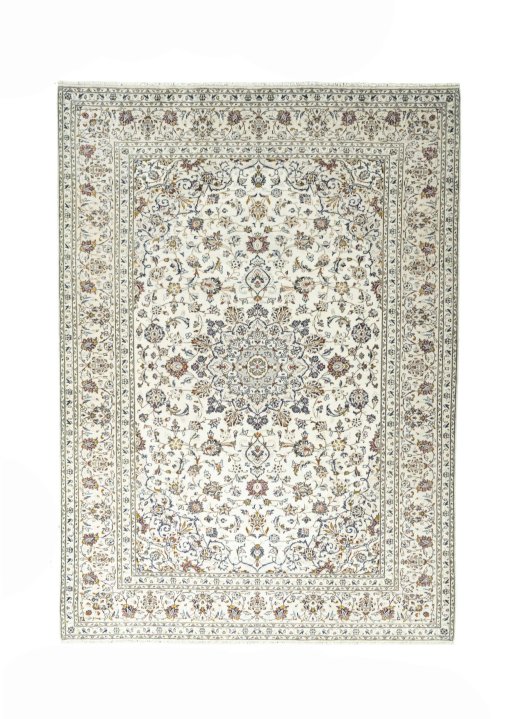Full view of 2000s Kashan rug from Iran / Persia, 335 × 242 cm in Beige tones