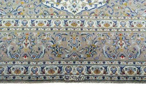Full view of 2000s Kashan rug from Iran / Persia, 409 × 298 cm in Beige tones