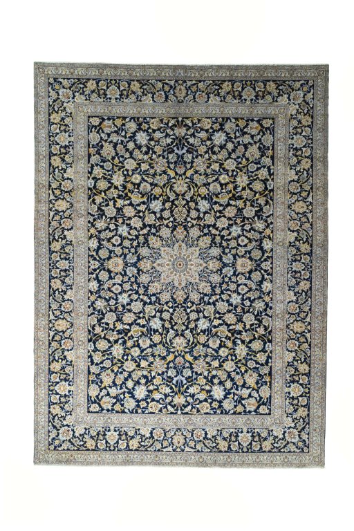 Full view of 2000s Kashan rug from Iran / Persia, 421 × 308 cm in Blue tones