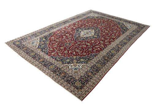 Corner detail of New Kashan rug showing border pattern and Cork pile