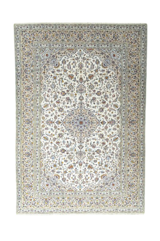 Full view of 2000s Kashan rug from Iran / Persia, 348 × 240 cm in Beige tones
