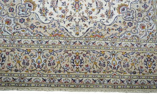 Full view of 2000s Kashan rug from Iran / Persia, 348 × 240 cm in Beige tones