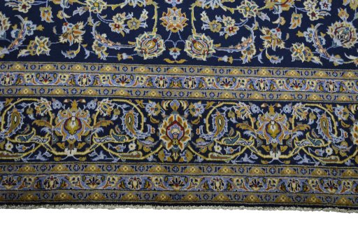 Full view of 2000s Kashan rug from Iran / Persia, 418 × 280 cm in Blue tones