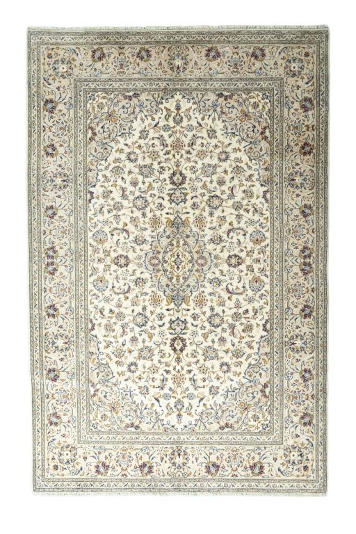 Full view of 2000s Kashan rug from Iran / Persia, 302 × 198 cm in Beige tones