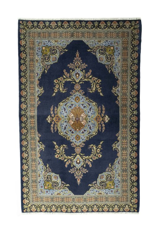 Full view of 2000s Kashan rug from Iran / Persia, 217 × 137 cm in Blue tones