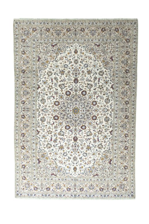 Full view of 2000s Kashan rug from Iran / Persia, 351 × 241 cm in Beige tones