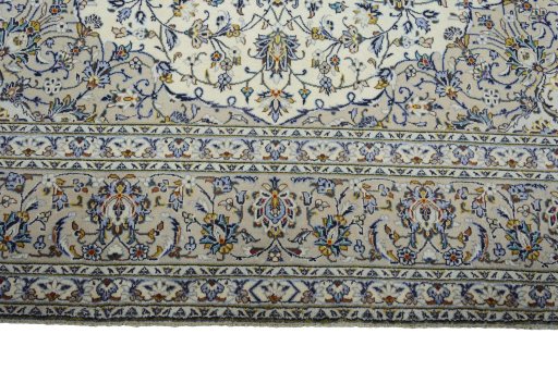 Full view of 2000s Kashan rug from Iran / Persia, 410 × 285 cm in Beige tones