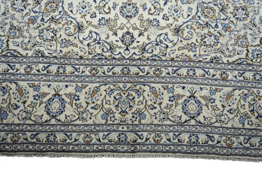 Full view of New Kashan rug from Iran / Persia, 351 × 246 cm in Beige tones