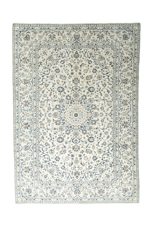 Full view of 2000s Kashan rug from Iran / Persia, 348 × 245 cm in Beige tones